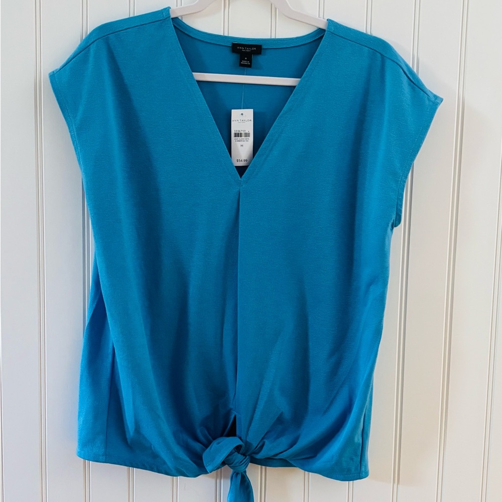 Ann Taylor Teal Cap-Sleeve V-Neck Tie-Front Top